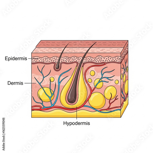 Human Skin Layers Diagram, Epidermis, Dermis, Hypodermis, Hair Follicle, Illustration