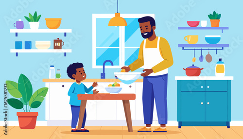 Father and Son Cooking Together in Kitchen Illustration