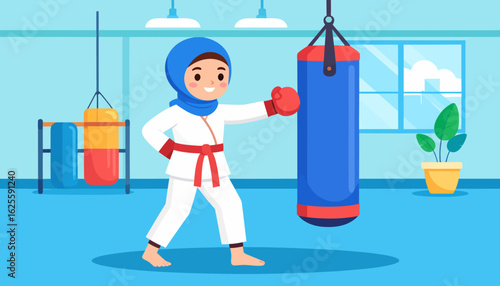 Girl in Hijab Practicing Martial Arts with Punching Bag