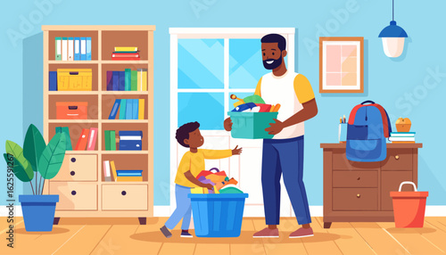 Father and Son Organizing Clothes, Home Illustration