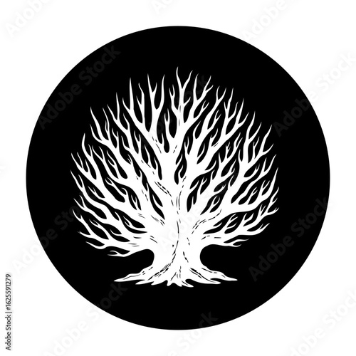 Striking silhouette of a bare tree against black circle creates a minimalist and evocative graphic art, design
