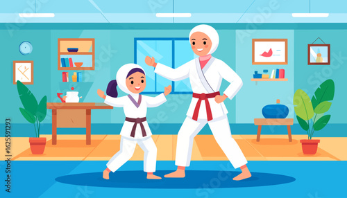 Martial Arts Training: Mother and Daughter in Gi