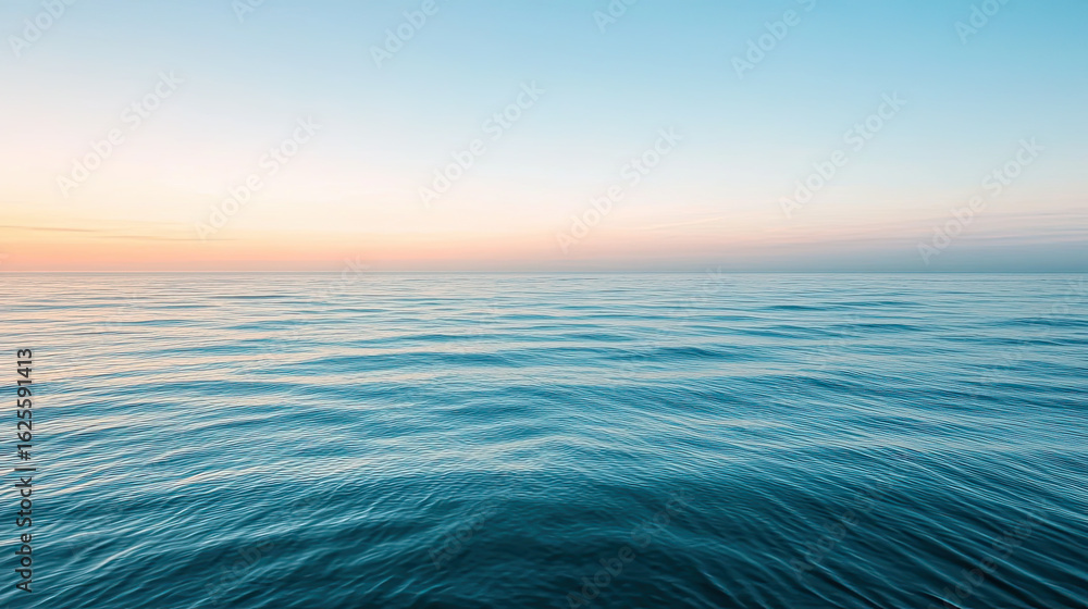 Fototapeta premium Tranquil ocean with gentle waves under colorful sunrise sky, peaceful sea horizon with natural morning light, perfect for nature themes and travel backgrounds 