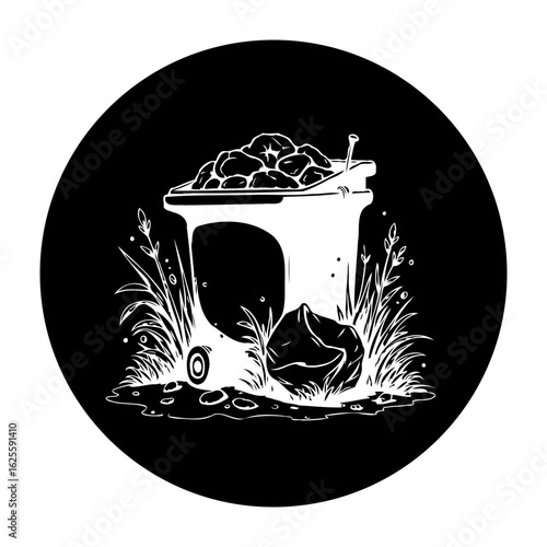 Monochrome illustration depicting overflowing trash can with snail in contrasting black circle background displaying environmental neglect