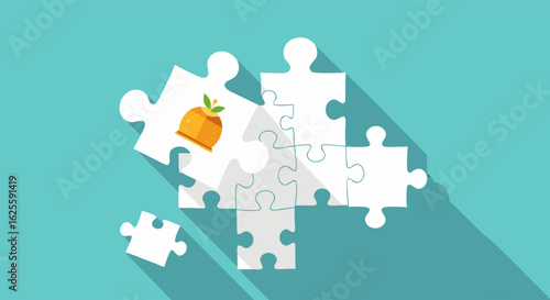 Colorful flat lay of puzzle pieces forming a conceptual solution with an orange icon for project completion and strategy presentation