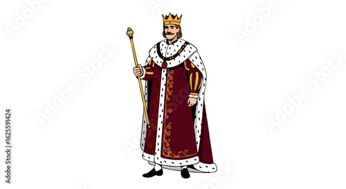 Majestic Monarch: Illustration of a King in Regal Attire Holding a Scepter on White Background
