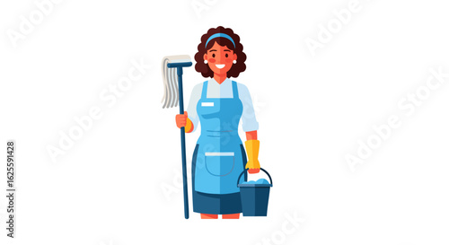 Dedicated cleaning lady ready to sanitize and refresh any home or workplace, offering a spotless service with a mop and bucket to ensure sparkling