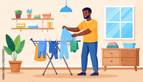 Man Hanging Laundry: Domestic Chores & Home Life Illustration