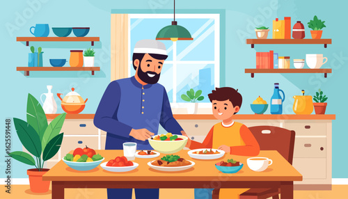 Family Meal: Father and Son Enjoying Dinner Together