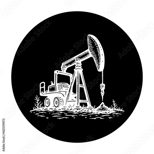 Oil pump jack extraction energy industry illustration in black and white circle background for industrial use