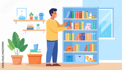 Organizing Bookshelf: Illustration of Man Arranging Books