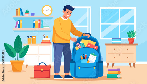 Preparing for School: Packing a Backpack Illustration