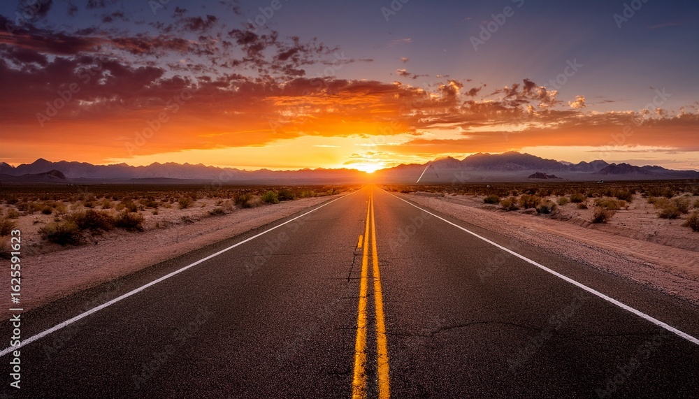 Fototapeta premium a long stretch of desert highway leads into the horizon as the sun sets casting vibrant colors in the sky and illuminating the cracked asphalt surface mountains rise in the background adding depth