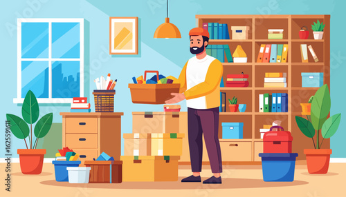 Moving Day Organization: Man with Basket in Illustrated Room