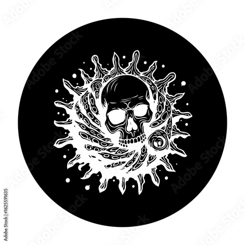 Intricate black and white skull design with tentacle like structures within a circular illustration
