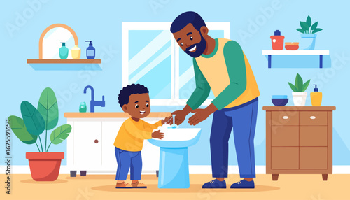 Father and Son Washing Hands Together, Hygiene Education