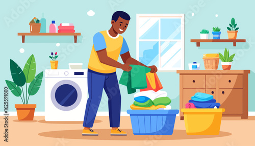 Laundry Day: Man Sorting Clothes in Bright Home Interior