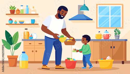 Father and Son Sorting Fruit in Kitchen Illustration
