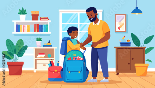 Father and Son Preparing for School, Illustration