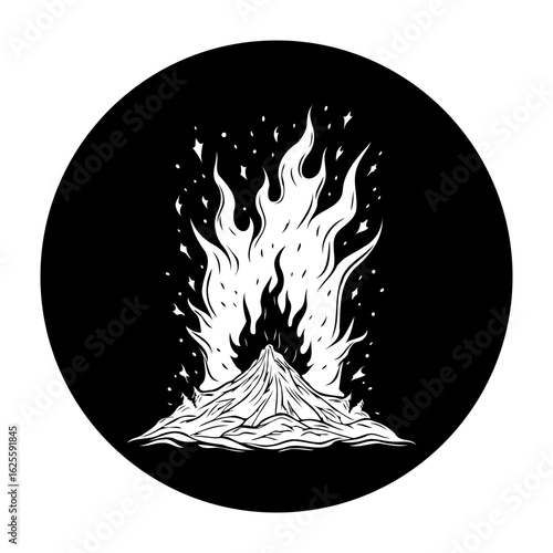 Captivating monochromatic design featuring a blazing fire atop a mountain silhouette within a circular composition creates a dynamic visual effect