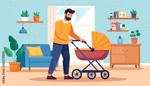 Fatherhood Illustration: Dad with Baby Stroller at Home