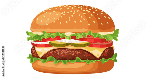 Detailed Cartoon Illustration of a Delectable Cheeseburger with Fresh Ingredients