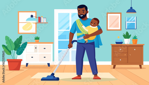 Fatherhood: Balancing Chores and Childcare - Modern Parenting Illustration
