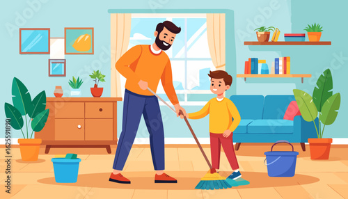 Father and Son Cleaning Together, Home Illustration