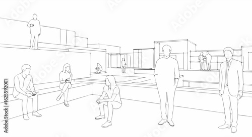 Architectural Conceptualization: Line Art Depicting People in a Modern Urban Landscape Design Composition
