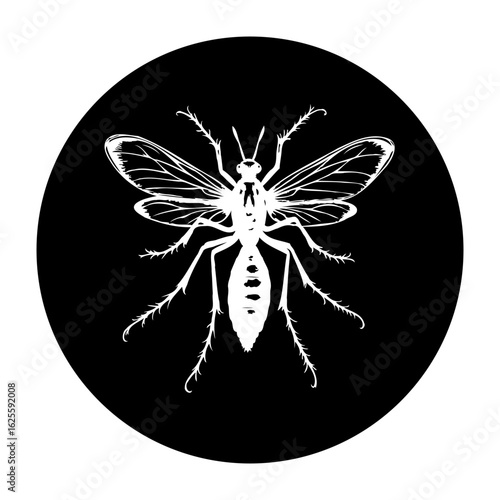 Elegant vector art of a mosquito silhouette on a solid black circular background for branding and design