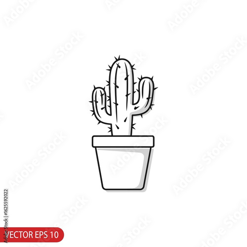Simple black and white illustration of a potted cactus plant on a white background.