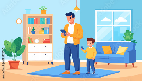 Digital Family: Father and Son on Devices in Living Room
