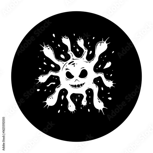 Evil virus cartoon character illustration design on black background with creepy expression and tentacles representing infectious disease spreading