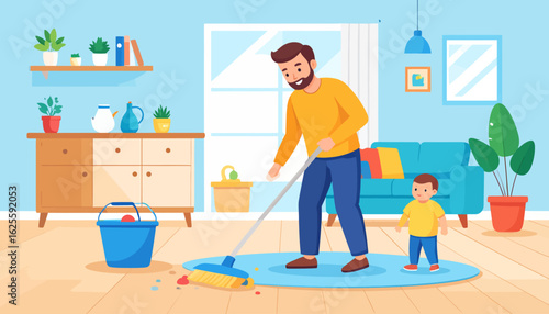 Father and Son Cleaning Together: Home Chores Illustration