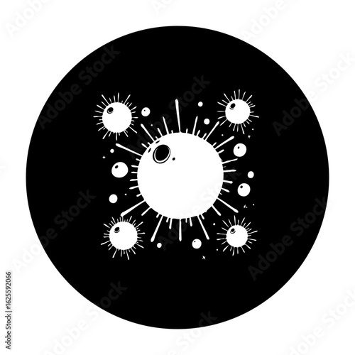 Illustrative representation of the corona virus with spikes emanating in various directions around the subject matter