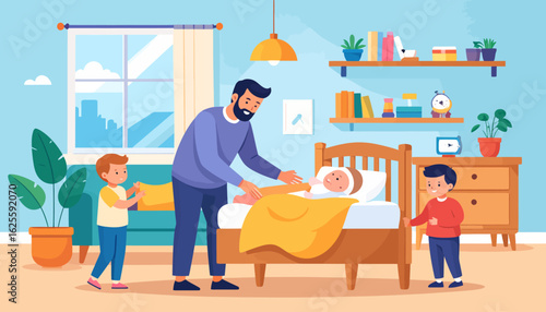 Father Tucking Child Into Bed, Brothers Watching