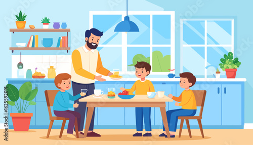 Family Breakfast Illustration: Dad Serving Kids
