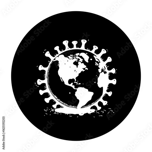 Global pandemic representation with the earth surrounded by virus molecules in a black and white illustration design