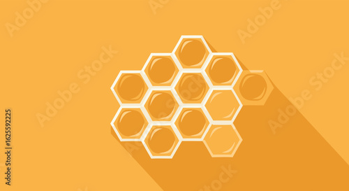 Abstract honeycomb structure with golden honey fill and elongated shadow for food industry 3D vector graphic illustration, representing sweetness