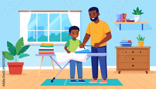 Father and Son Ironing Together, Home Scene