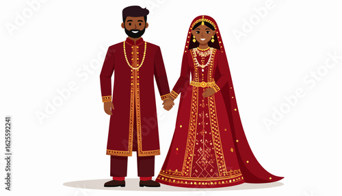 Indian Wedding Couple Illustration in Traditional Dress