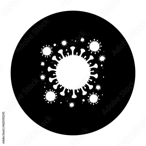 Conceptual illustration depicting a coronavirus particle on a black background symbolizing pandemic spread and health crisis with public health importance