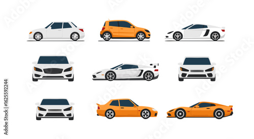 Diverse automobile vector illustrations showcasing various car types and perspectives for design projects
