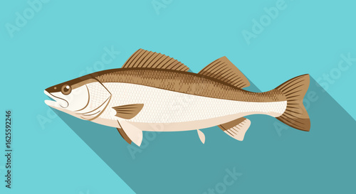 Stylized Fish Illustration in Neutral Tones Against a Serene Blue Backdrop Minimalist Design with Elongated Shadow Emphasizing Modern Aesthetic