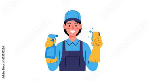 Cheerful cleaning lady with tools, ready to make spaces spotless and sanitized with joy