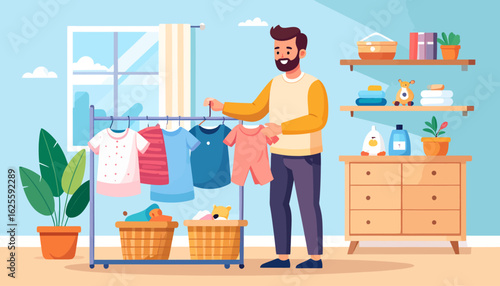 Father Organizing Baby Clothes in Nursery