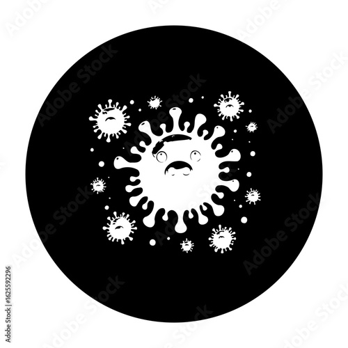 Illustration representing the coronavirus with a sad face surrounded by other virus particles in black