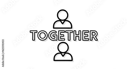 Minimalist graphic design showcasing unity and teamwork with the word 'together' and two stylized people