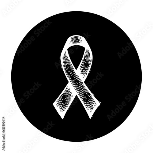 White awareness ribbon illustration in a black circle for a charity cause supporting life and hope