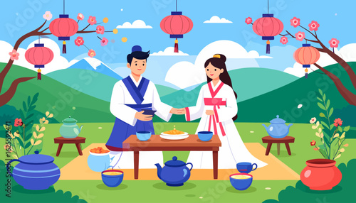 Traditional Chinese Tea Ceremony in a Festive Landscape